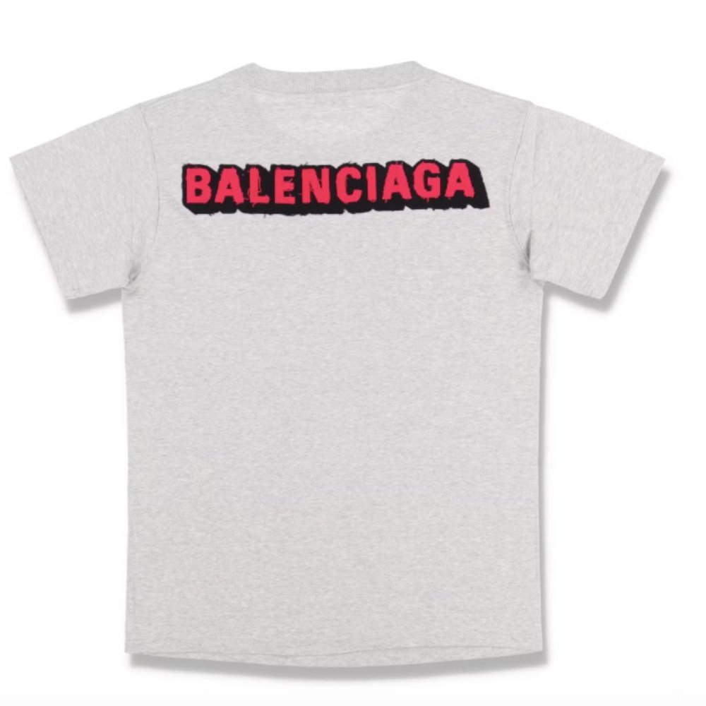Balenciaga Grey and Pink Back Patch Logo T-Shirt